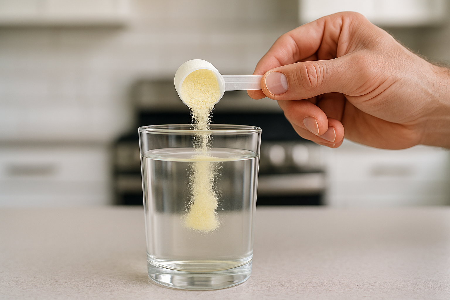 Close-up of a hand pouring a scoop of ėNOS powder into a glass of water