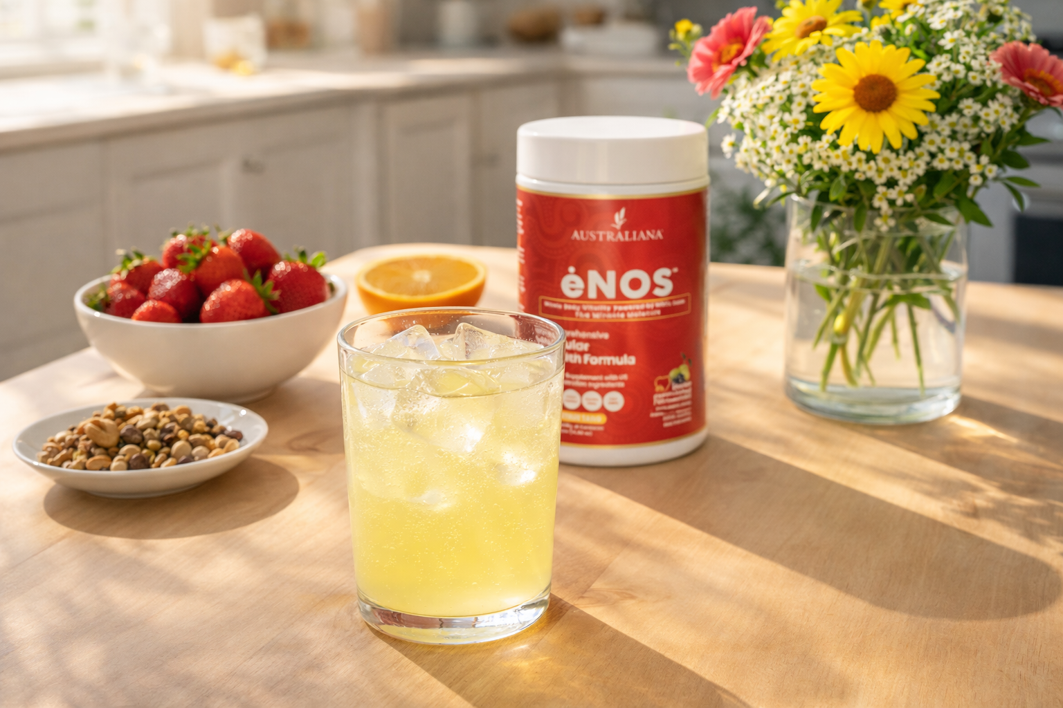 ėNOS canister on a sunlit kitchen table with a glass of prepared drink, fresh fruit and flowers