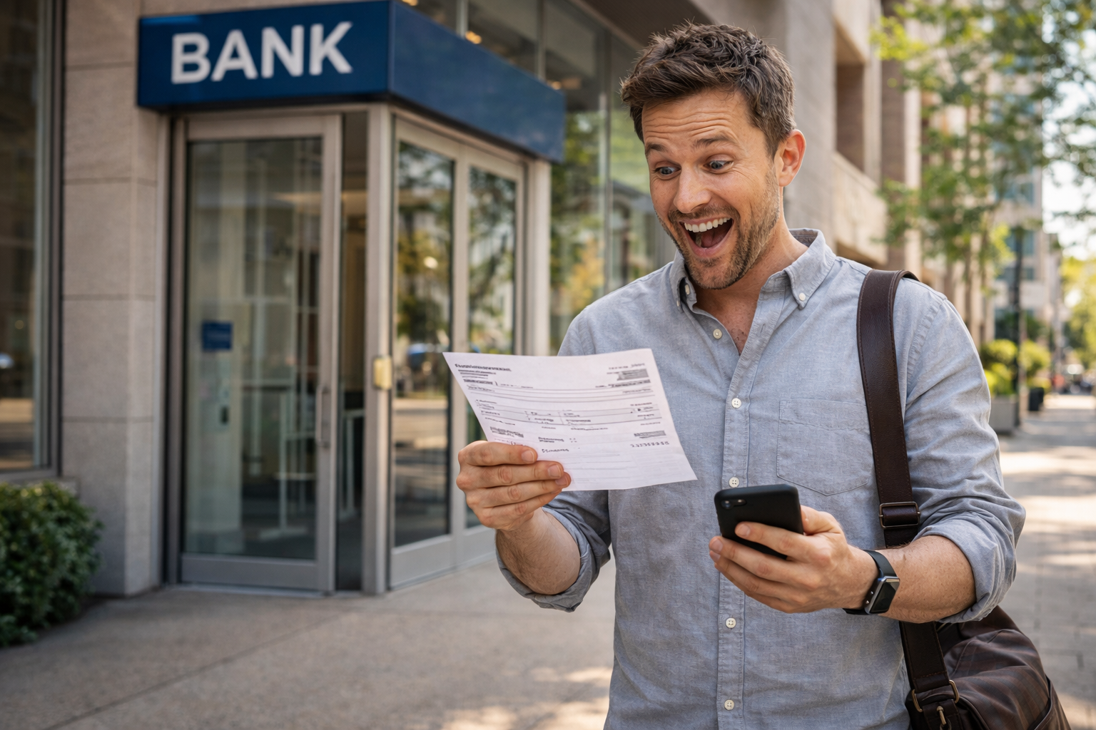 Affiliate celebrating a payout outside a bank