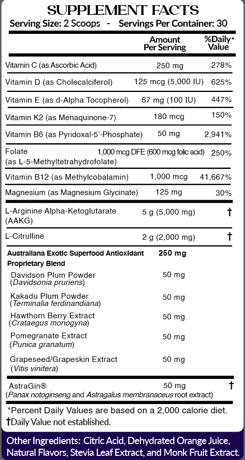 ėNOS Supplement Facts panel showing serving size, vitamins, minerals, amino acids and the Australiana Exotic Superfood Antioxidant Proprietary Blend.